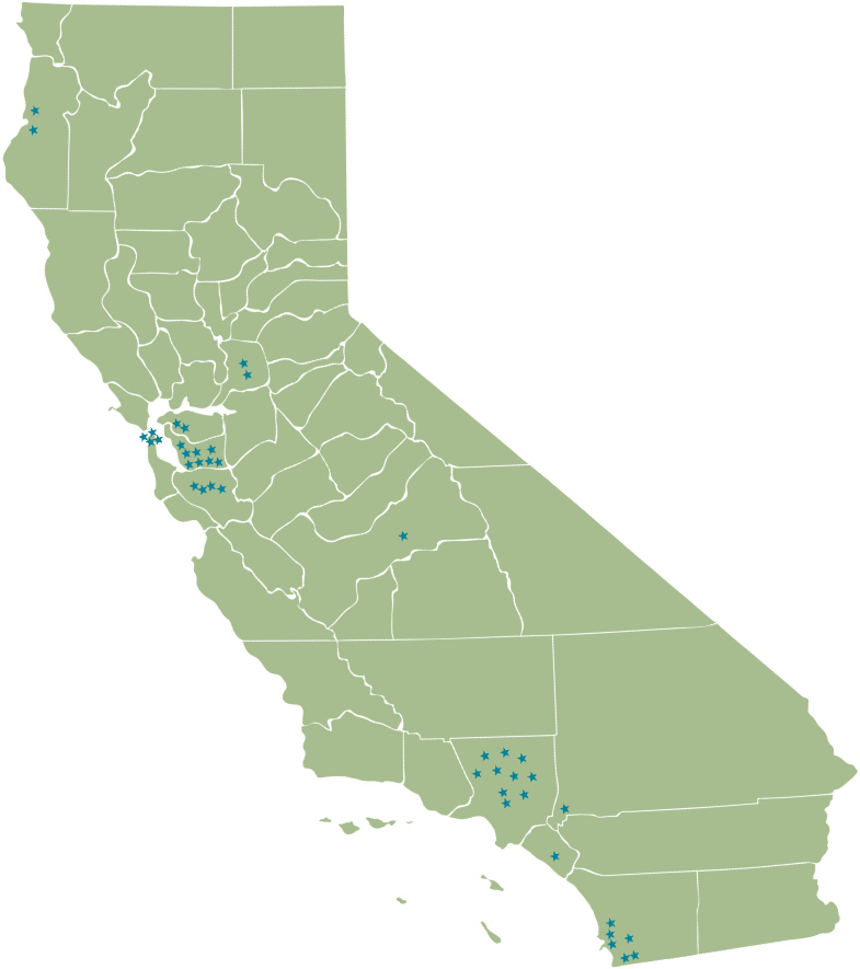 a graphic of a map of california with stars all over it to indicate where PACE programs exist